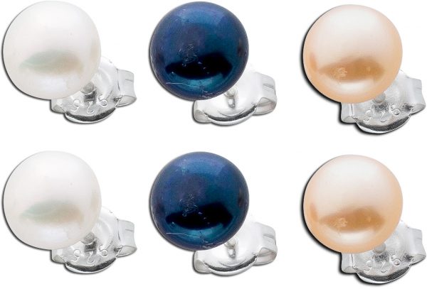 Perlenschmuckset Perlen Ohrringe Ohrstecker Damen Silber 3-er Set Süßwasserzuchtperlen weiß rosa schwarz