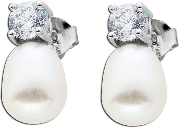 Damen Perlen Ohrstecker Silber 925 rhodiniert weisse Süßwasserzuchtperle klare Zirkonia Ohrringe Silber
