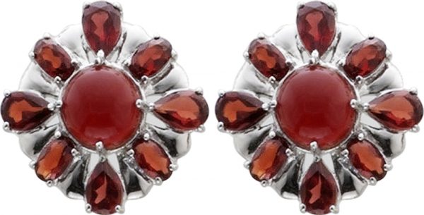 Ohrringe – Ohrstecker in Silber Sterlingsilber 925/-, mit je 1 roten Achat und je 8 rote Granatsteine