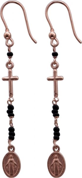 Ohrringe – Ohrhänger in Silber Sterlingsilber 925/- rose vergoldet, schwarzen Kugeln Kreuz heilige Maria Länge 70mm