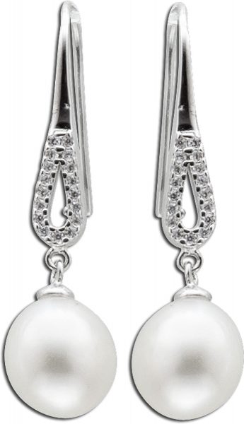 Damen Ohrringe Ohrhaenger Perlen Silber 925 weisse Suesswasserzuchtperlen rund weisse klare Zirkonia