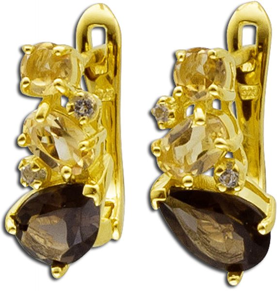 Edelsteinohrringe – Ohrhänger Sterling Silber 925 gelb vergoldet brauner Rauchquarz gelber Citrin weisse Topase