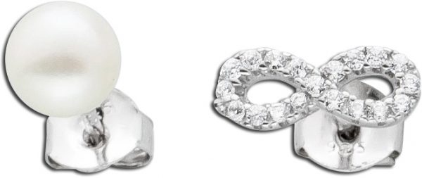Ohrstecker Damen Perlen Ohrringe Silber 925 weisse Süsswasserzuchtperle weisses Zirkonia  Unendlichkeitszeichen