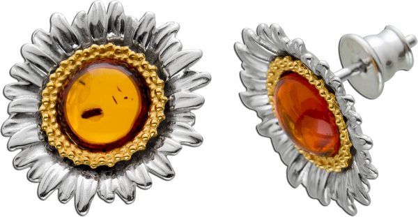 Sonnenblumen Ohrstecker Silber 925 teils vergoldet mit Cognac Bernsteine 7mm