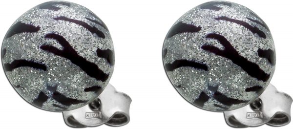 Kugelohrstecker Silber 925 Muranoglas 11mm Silberglitzer Schwarz