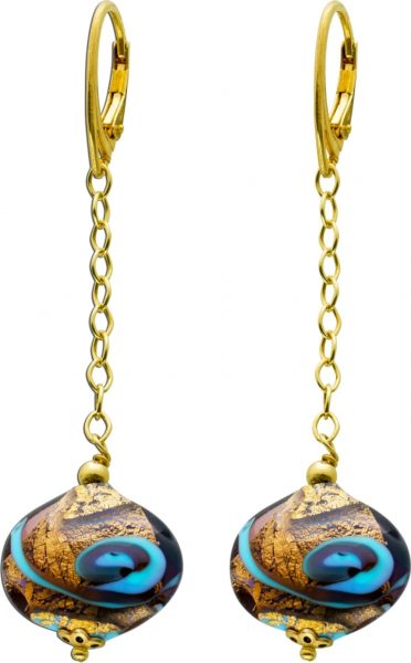 Ohrhänger Brisur Silber 925 vergoldet Muranoglas Blau-Goldfarben 70x18mm