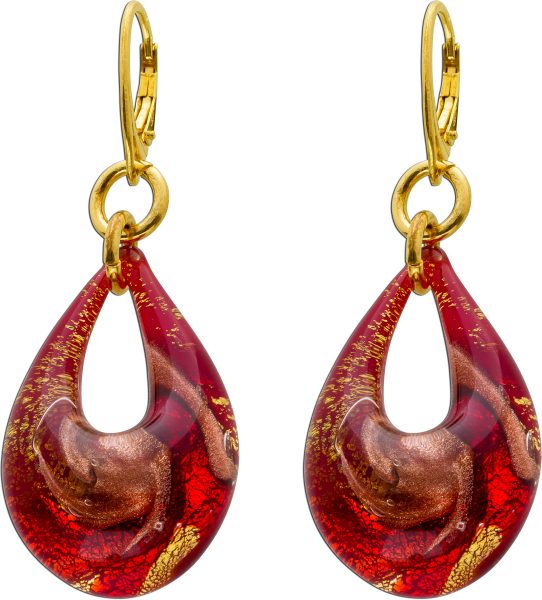Ohrhänger Brisur Silber 925 vergoldet Muranoglas Rot-Goldfarben 57x22mm