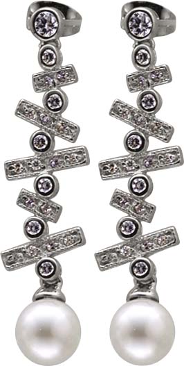 Ohrringe – Ohrschmuck  aus echtem Silber Sterlingsilber 925/- mit  Anhänger , bestehend aus 44  Zirkoniasteinen, die an unbeweglichen Gliedern befestigt sind, jeweils mit einer wunderhübschen, synthetischen Perle ( Durchmesser ca. 6mm), die beweglich ange